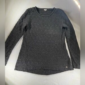 Eddie Bauer Sweater Womens Medium Black Lambs Wool Camel Hair Cable Knit